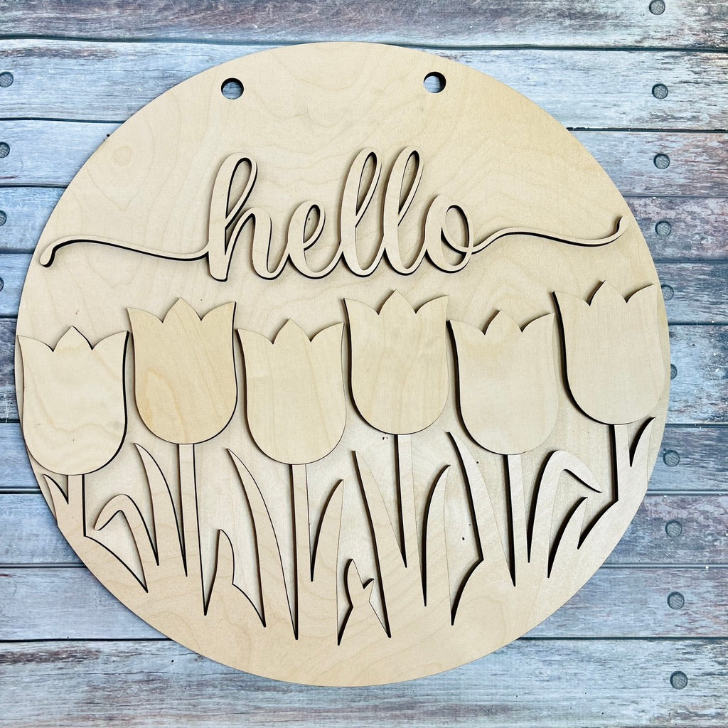 Hello Spring Round Sign Door Hanger | Wood Craft Blank